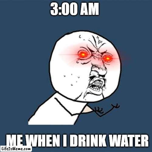 water is good 2:00/3:00 |  3:00 AM; ME WHEN I DRINK WATER | image tagged in memes,y u no | made w/ Lifeismeme meme maker