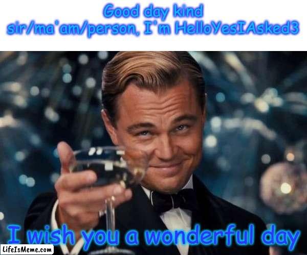 Good Day :) |  Good day kind sir/ma'am/person, I'm HelloYesIAsked3; I wish you a wonderful day | image tagged in memes,leonardo dicaprio cheers | made w/ Lifeismeme meme maker