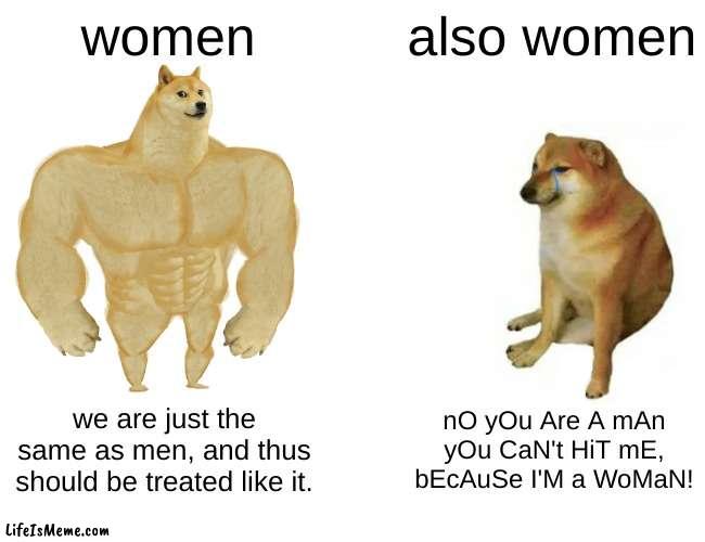 you can't have it both ways |  women; also women; we are just the same as men, and thus should be treated like it. nO yOu Are A mAn yOu CaN't HiT mE, bEcAuSe I'M a WoMaN! | image tagged in memes,buff doge vs cheems,gender equality | made w/ Lifeismeme meme maker