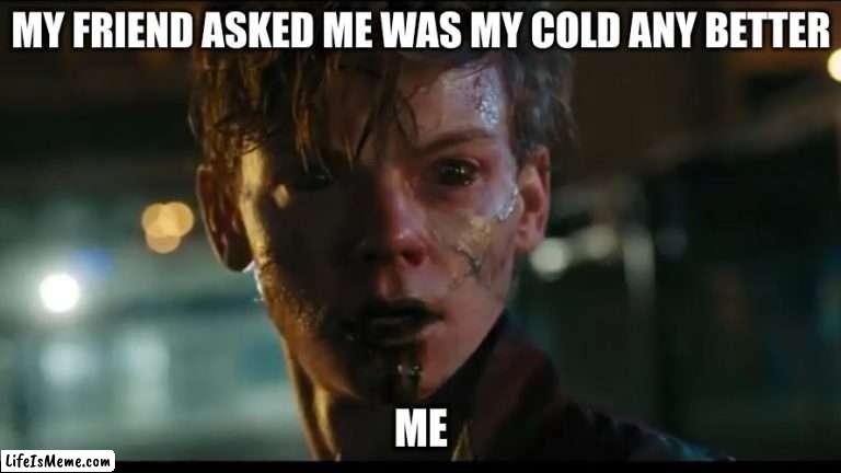 Cold Struggle |  MY FRIEND ASKED ME WAS MY COLD ANY BETTER; ME | image tagged in maze runner,covid-19 | made w/ Lifeismeme meme maker