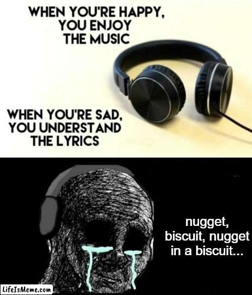 DIP IT ALL IN MASHED POTATOES |  nugget, biscuit, nugget in a biscuit... | image tagged in when your sad you understand the lyrics | made w/ Lifeismeme meme maker