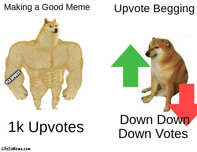Sarcasm In a Nutshell |  Making a Good Meme; Upvote Begging; PLS UPVOTE; 1k Upvotes; Down Down Down Votes | image tagged in memes,buff doge vs cheems | made w/ Lifeismeme meme maker