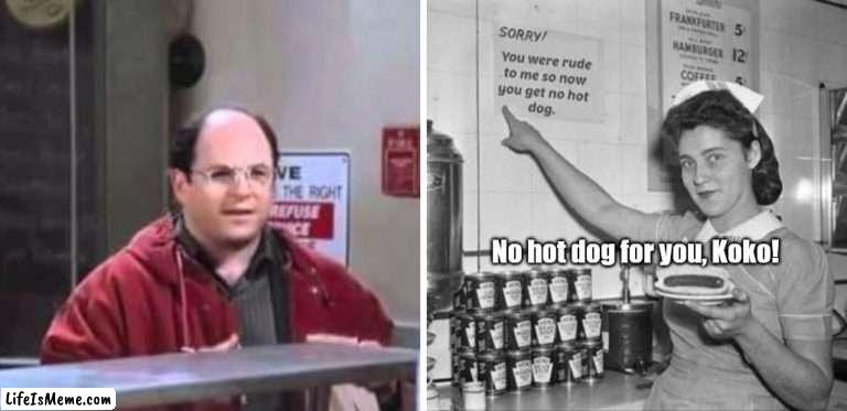 George strikes out. Again. |  No hot dog for you, Koko! | image tagged in funny | made w/ Lifeismeme meme maker