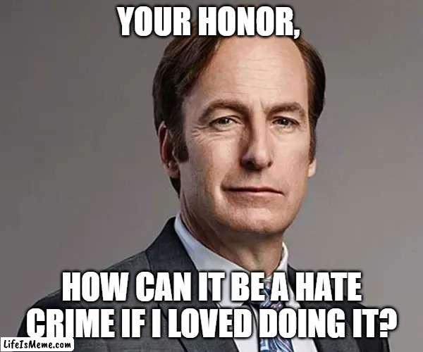 How can it be a hate crime if I loved doing it? | YOUR HONOR, HOW CAN IT BE A HATE CRIME IF I LOVED DOING IT? | image tagged in saul goodman,funny,memes,funny memes,popular | made w/ Lifeismeme meme maker