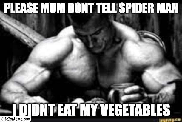 i dont know |  PLEASE MUM DONT TELL SPIDER MAN; I DIDNT EAT MY VEGETABLES | image tagged in funny meme | made w/ Lifeismeme meme maker
