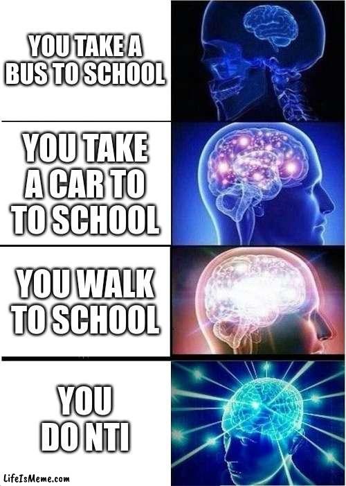 That's how it feels |  YOU TAKE A BUS TO SCHOOL; YOU TAKE A CAR TO TO SCHOOL; YOU WALK TO SCHOOL; YOU DO NTI | image tagged in memes,expanding brain,car,school bus,walking,school | made w/ Lifeismeme meme maker