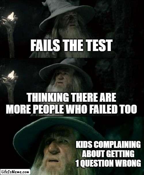When you're the only one who failed the test |  FAILS THE TEST; THINKING THERE ARE MORE PEOPLE WHO FAILED TOO; KIDS COMPLAINING ABOUT GETTING 1 QUESTION WRONG | image tagged in memes,confused gandalf,math,school | made w/ Lifeismeme meme maker