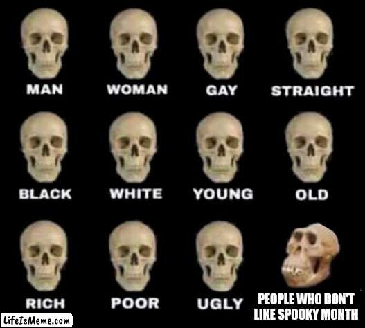 idiot skull |  PEOPLE WHO DON'T LIKE SPOOKY MONTH | image tagged in idiot skull,spooky,spooky month | made w/ Lifeismeme meme maker