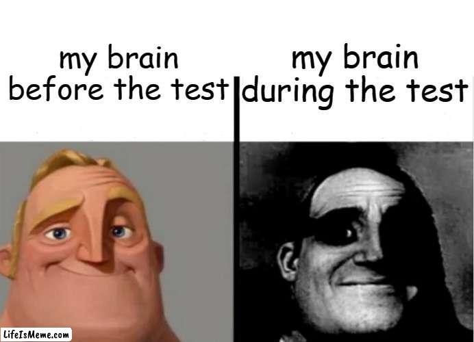 i know |  my brain during the test; my brain before the test | image tagged in teacher's copy | made w/ Lifeismeme meme maker