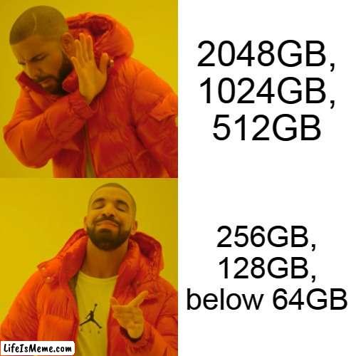 computer rom space |  2048GB, 1024GB, 512GB; 256GB, 128GB, below 64GB | image tagged in memes,drake hotline bling,funny | made w/ Lifeismeme meme maker