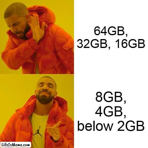 computer ram space |  64GB, 32GB, 16GB; 8GB, 4GB, below 2GB | image tagged in memes,drake hotline bling,funny | made w/ Lifeismeme meme maker