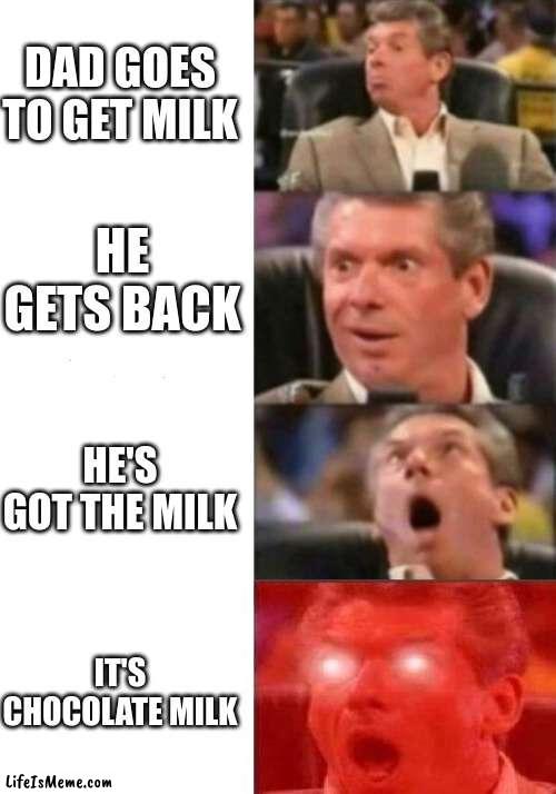 Me as a kid |  DAD GOES TO GET MILK; HE GETS BACK; HE'S GOT THE MILK; IT'S CHOCOLATE MILK | image tagged in mr mcmahon reaction | made w/ Lifeismeme meme maker