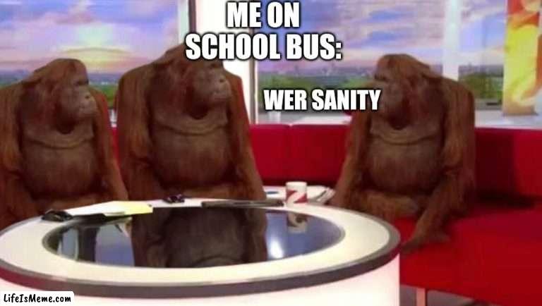 School bus |  ME ON SCHOOL BUS:; WER SANITY | image tagged in where monkey | made w/ Lifeismeme meme maker