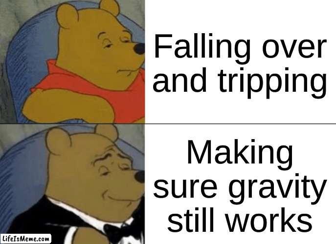 Making sure gravity works |  Falling over and tripping; Making sure gravity still works | image tagged in memes,tuxedo winnie the pooh | made w/ Lifeismeme meme maker