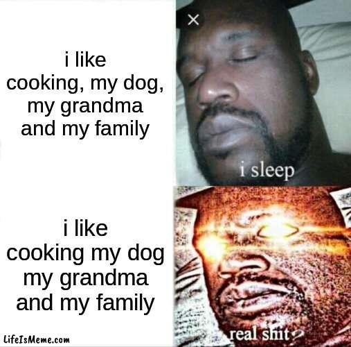 punctuation is important kids |  i like cooking, my dog, my grandma and my family; i like cooking my dog my grandma and my family | image tagged in memes,sleeping shaq | made w/ Lifeismeme meme maker