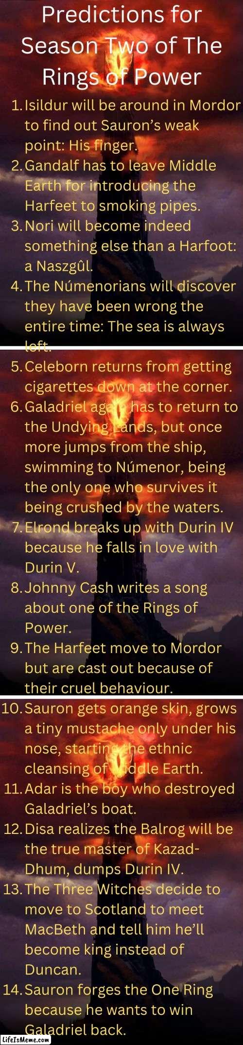 Predictions For The Rings Of Power | image tagged in rop,sauron,galadriel,amazon,tolkien,lotr | made w/ Lifeismeme meme maker