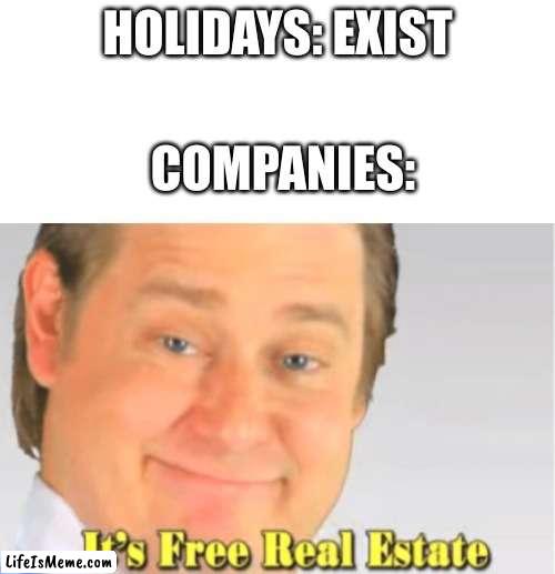 They're already selling Christmas decorations and it isn't even December yet lol |  HOLIDAYS: EXIST; COMPANIES: | image tagged in it's free real estate,lol,holidays | made w/ Lifeismeme meme maker