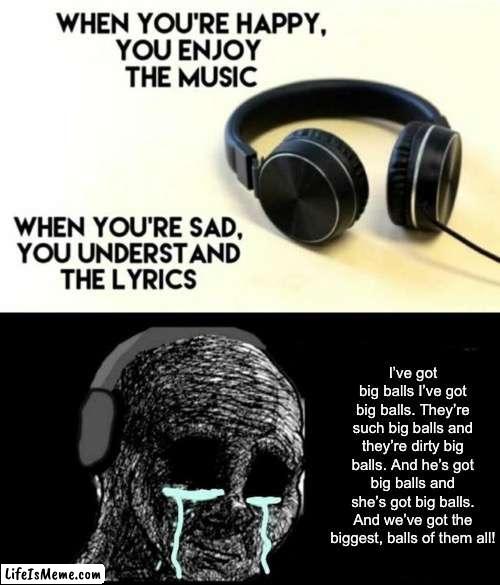 One the more funky ac/dc songs |  I’ve got big balls I’ve got big balls. They’re such big balls and they’re dirty big balls. And he’s got big balls and she’s got big balls. And we’ve got the biggest, balls of them all! | image tagged in when your sad you understand the lyrics,big balls,balls,acdc | made w/ Lifeismeme meme maker
