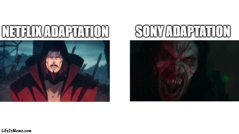 Dracula/Morbius, At least his design would be good enough for live action Dracula. |  SONY ADAPTATION; NETFLIX ADAPTATION | image tagged in castlevania,morbius,dracula | made w/ Lifeismeme meme maker