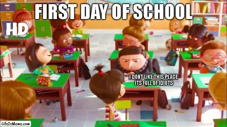 the rise of gru |  FIRST DAY OF SCHOOL; I DONT LIKE THIS PLACE 
ITS FULL OF IDIOTS | image tagged in gru meme | made w/ Lifeismeme meme maker