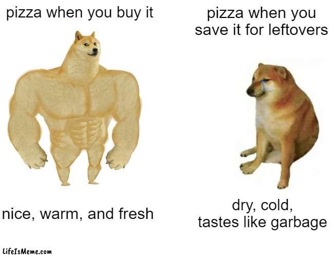 free epic Gomme |  pizza when you buy it; pizza when you save it for leftovers; nice, warm, and fresh; dry, cold, tastes like garbage | image tagged in memes,buff doge vs cheems | made w/ Lifeismeme meme maker