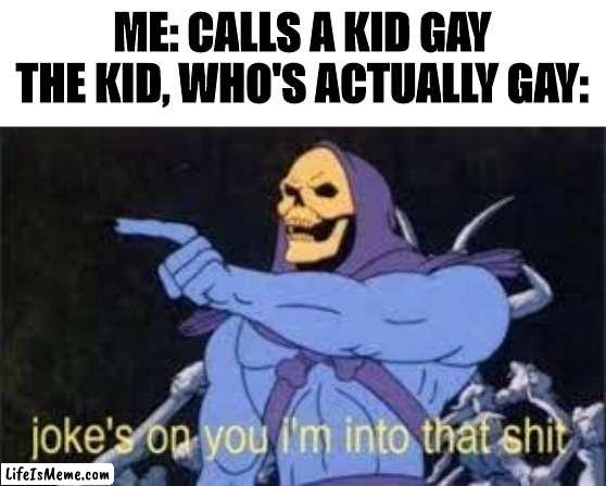 Probably my last meme in this stream |  ME: CALLS A KID GAY
THE KID, WHO'S ACTUALLY GAY: | image tagged in jokes on you im into that shit,gay,kids,bye | made w/ Lifeismeme meme maker