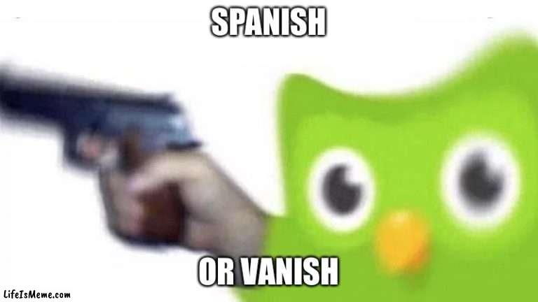 no spanish? So you chose to vanish? |  SPANISH; OR VANISH | image tagged in duolingo gun,spanish,duolingo | made w/ Lifeismeme meme maker