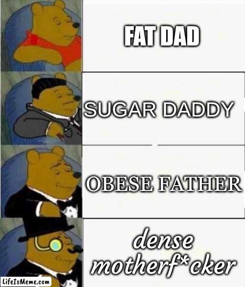 Tuxedo Winnie the Pooh 4 panel |  FAT DAD; SUGAR DADDY; OBESE FATHER; dense motherf*cker | image tagged in tuxedo winnie the pooh 4 panel | made w/ Lifeismeme meme maker