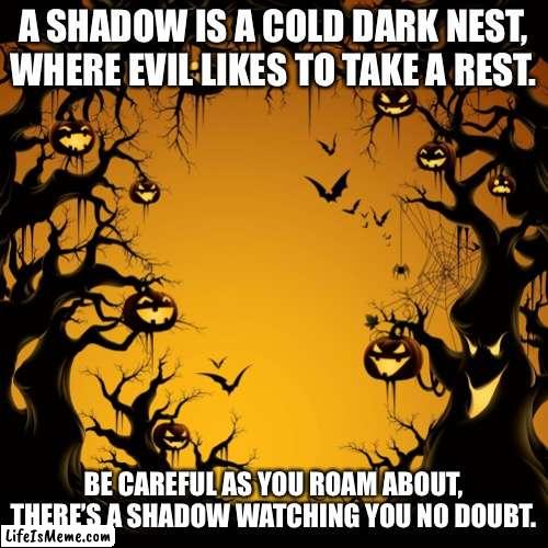 Shadow |  A SHADOW IS A COLD DARK NEST, WHERE EVIL LIKES TO TAKE A REST. BE CAREFUL AS YOU ROAM ABOUT, THERE’S A SHADOW WATCHING YOU NO DOUBT. | image tagged in halloween | made w/ Lifeismeme meme maker