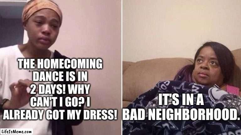 Me explaining to my mom |  THE HOMECOMING DANCE IS IN 2 DAYS! WHY CAN'T I GO? I ALREADY GOT MY DRESS! IT'S IN A BAD NEIGHBORHOOD. | image tagged in me explaining to my mom | made w/ Lifeismeme meme maker