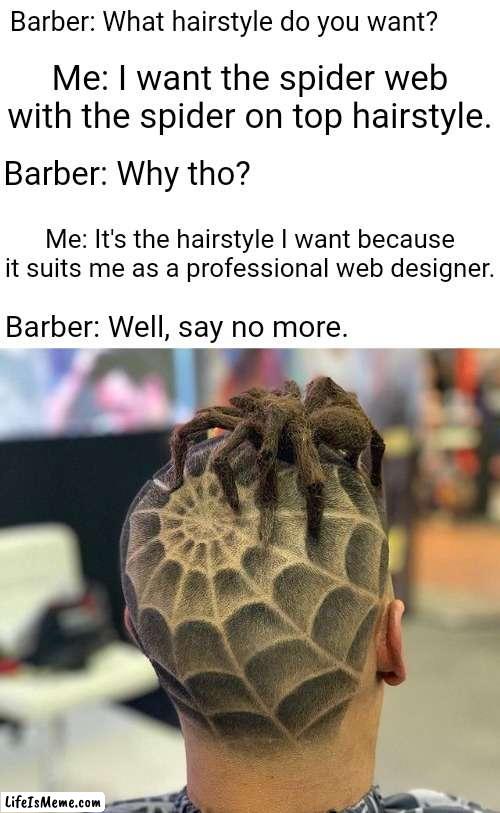 Spider and the spider web |  Barber: What hairstyle do you want? Me: I want the spider web with the spider on top hairstyle. Barber: Why tho? Me: It's the hairstyle I want because it suits me as a professional web designer. Barber: Well, say no more. | image tagged in blank white template,funny,memes,spider,barber,unsee juice | made w/ Lifeismeme meme maker