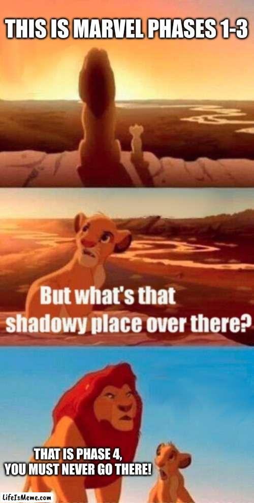 I still hold out hope for the MCU |  THIS IS MARVEL PHASES 1-3; THAT IS PHASE 4, YOU MUST NEVER GO THERE! | image tagged in memes,simba shadowy place | made w/ Lifeismeme meme maker