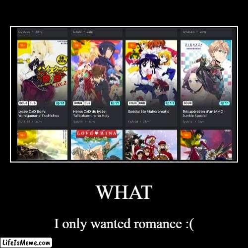 Why cant i watch anime without that | WHAT | I only wanted romance :( | image tagged in funny,demotivationals,18,anime | made w/ Lifeismeme demotivational maker