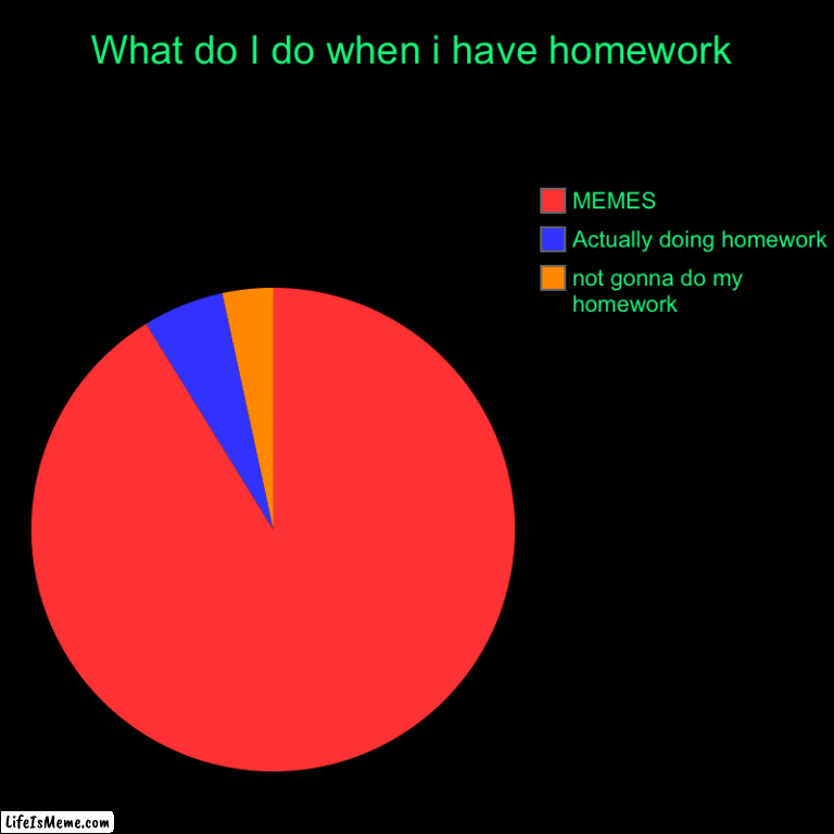 Don’t blame me I just wanna have fun | What do I do when i have homework | not gonna do my homework, Actually doing homework, MEMES | image tagged in charts,pie charts | made w/ Lifeismeme chart maker