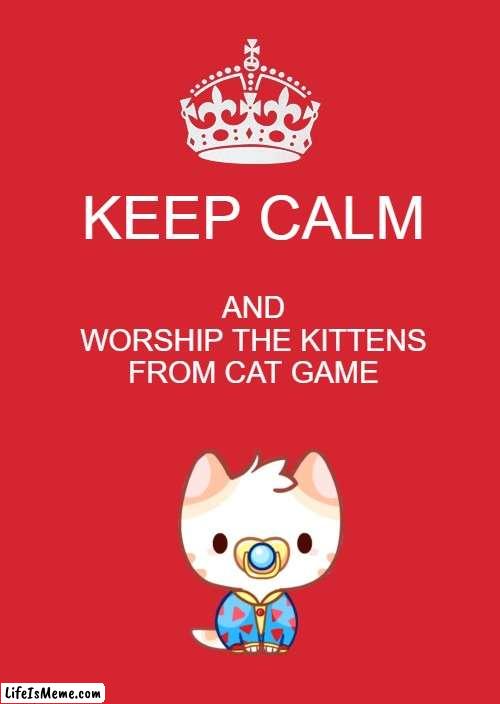 The Binky |  KEEP CALM; AND
WORSHIP THE KITTENS FROM CAT GAME | image tagged in memes,keep calm and carry on red,binky | made w/ Lifeismeme meme maker