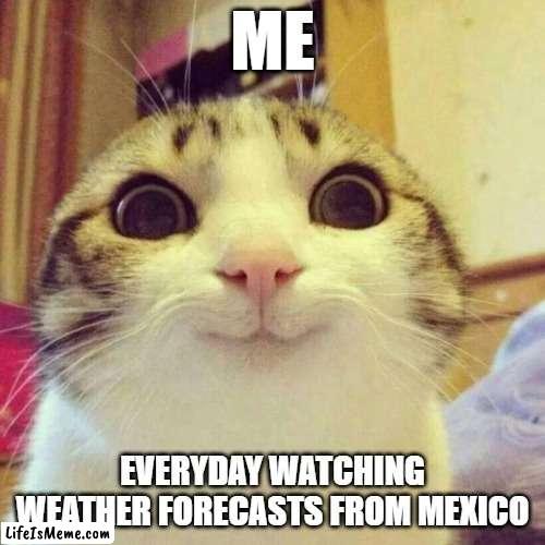 Enjoying weather forecasts from Meixco |  ME; EVERYDAY WATCHING WEATHER FORECASTS FROM MEXICO | image tagged in memes,smiling cat | made w/ Lifeismeme meme maker