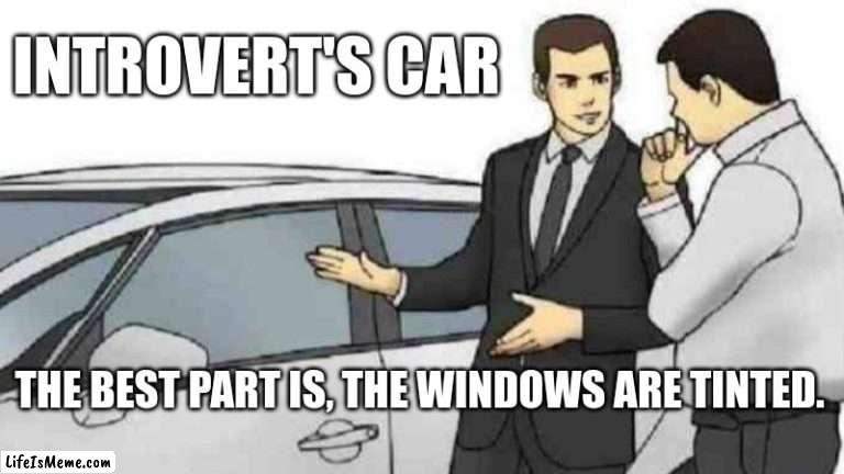 Introverts |  INTROVERT'S CAR; THE BEST PART IS, THE WINDOWS ARE TINTED. | image tagged in memes,car salesman slaps roof of car | made w/ Lifeismeme meme maker