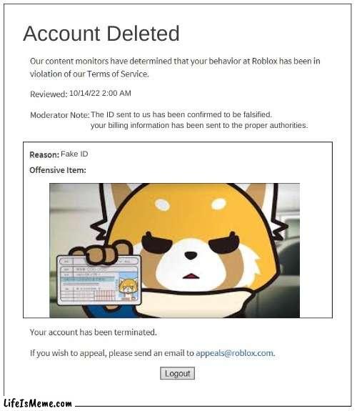 Among us Fortnite |  Account Deleted; 10/14/22 2:00 AM; The ID sent to us has been confirmed to be falsified. your billing information has been sent to the proper authorities. Fake ID | image tagged in moderation system,idk,banned from roblox,roblox,stupid | made w/ Lifeismeme meme maker