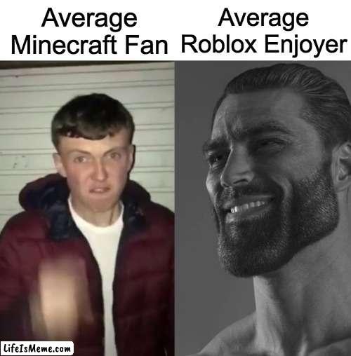 I'm gonna make Roblox Haters Mad. |  Average Roblox Enjoyer; Average Minecraft Fan | image tagged in average fan vs average enjoyer | made w/ Lifeismeme meme maker