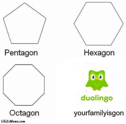 Duolingo: ahora haz tu lección de español o dejarás a la humanidad |  yourfamilyisgon | image tagged in memes,pentagon hexagon octagon | made w/ Lifeismeme meme maker