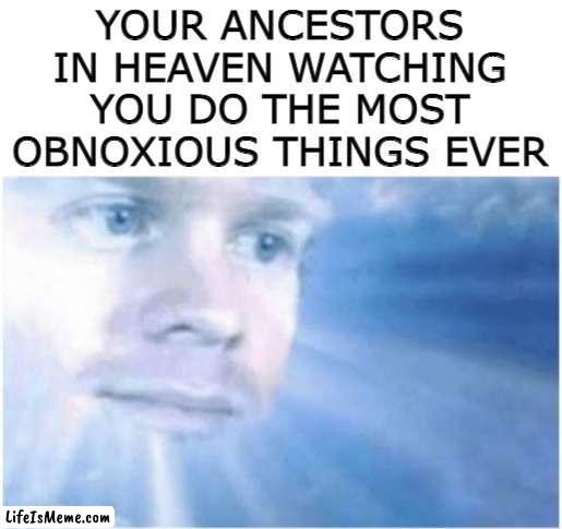 You |  YOUR ANCESTORS IN HEAVEN WATCHING YOU DO THE MOST OBNOXIOUS THINGS EVER | image tagged in in heaven looking down,heaven,why are you reading this,why are you gay,stop reading the tags | made w/ Lifeismeme meme maker
