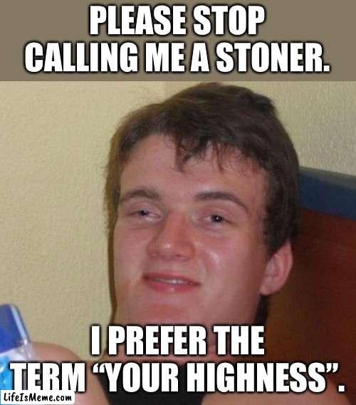 Stoner |  PLEASE STOP CALLING ME A STONER. I PREFER THE TERM “YOUR HIGHNESS”. | image tagged in memes,10 guy | made w/ Lifeismeme meme maker