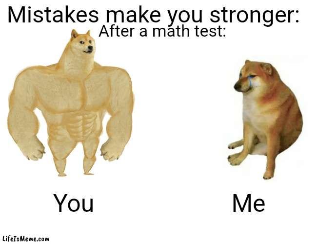 Algebra 2 sucks, but its so easy for some reason |  Mistakes make you stronger:; After a math test:; You; Me | image tagged in memes,buff doge vs cheems,math,nerd,algebra | made w/ Lifeismeme meme maker