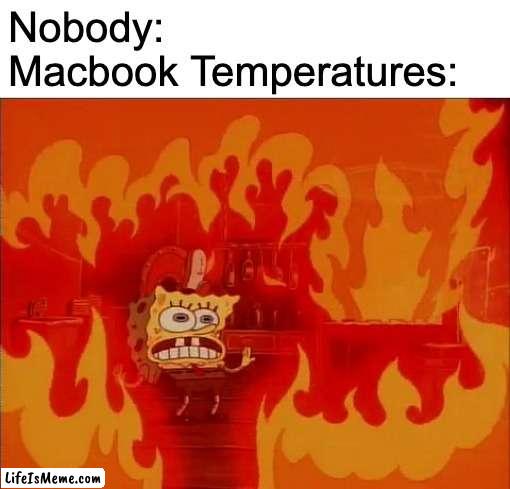 Macbook overheating |  Nobody:
Macbook Temperatures: | image tagged in burning spongebob,memes,funny,mac,apple,technology | made w/ Lifeismeme meme maker
