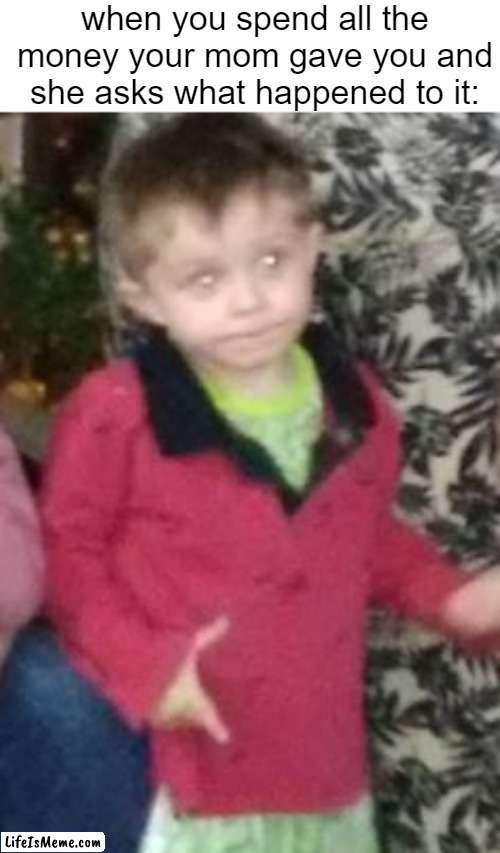 when u spend all the money your mom gave u and she asks u what happened to it | when you spend all the money your mom gave you and she asks what happened to it: | image tagged in funny | made w/ Lifeismeme meme maker