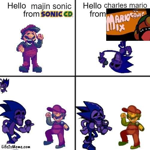 if you don't play fnf you won't get this |  charles mario; majin sonic | image tagged in hello person from,sonic the hedgehog,super mario,creepypasta,friday night funkin | made w/ Lifeismeme meme maker