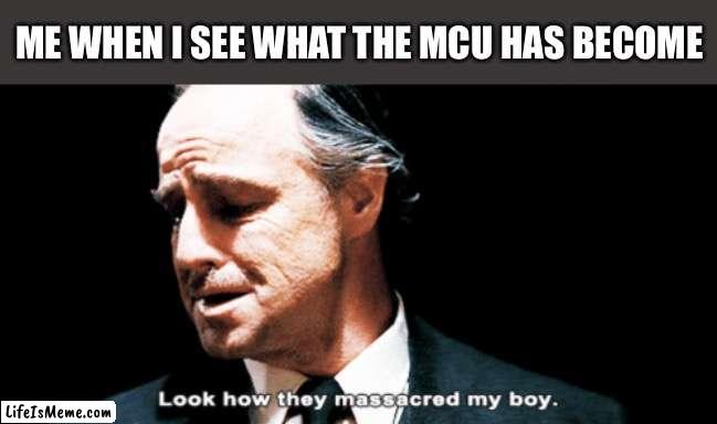 It's a travesty |  ME WHEN I SEE WHAT THE MCU HAS BECOME | image tagged in look how they massacred my boy,mcu,marvel,marvel cinematic universe | made w/ Lifeismeme meme maker