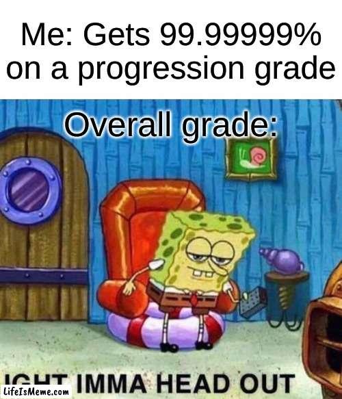 It so unfair tho |  Me: Gets 99.99999% on a progression grade; Overall grade: | image tagged in memes,spongebob ight imma head out,grades,school,homework | made w/ Lifeismeme meme maker