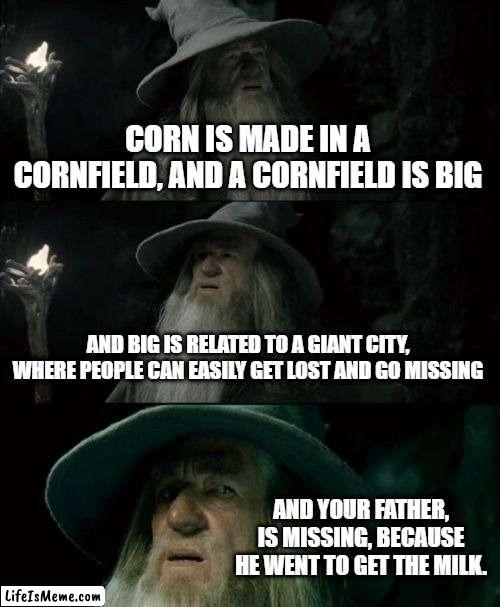 THERE IS A CONCLUSION TO CORN |  CORN IS MADE IN A CORNFIELD, AND A CORNFIELD IS BIG; AND BIG IS RELATED TO A GIANT CITY, WHERE PEOPLE CAN EASILY GET LOST AND GO MISSING; AND YOUR FATHER, IS MISSING, BECAUSE HE WENT TO GET THE MILK. | image tagged in memes,confused gandalf | made w/ Lifeismeme meme maker