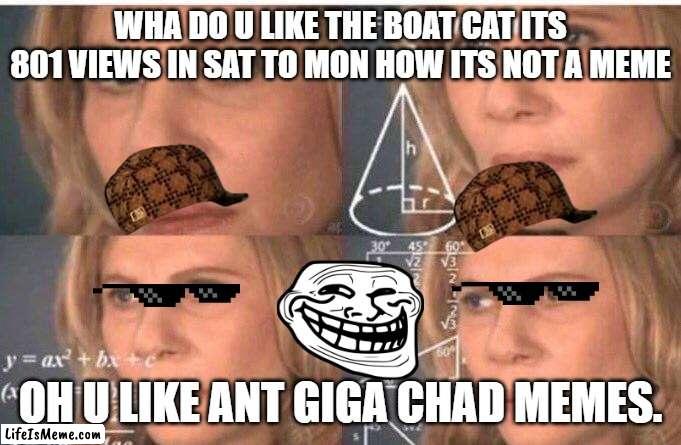 Why. |  WHA DO U LIKE THE BOAT CAT ITS 801 VIEWS IN SAT TO MON HOW ITS NOT A MEME; OH U LIKE ANT GIGA CHAD MEMES. | image tagged in math lady/confused lady | made w/ Lifeismeme meme maker